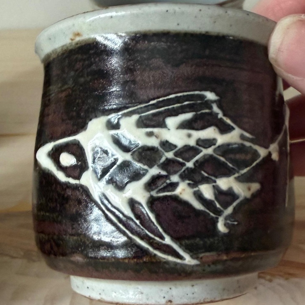 Vintage Japanese Studio Pottery Yunomi Tea Cups Set of 4 Hand-Thrown, Fish Motif
